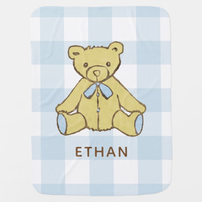 Baby Boy Bear Pastel Blue Buffalo Plaid with Name Baby Blanket (Front)