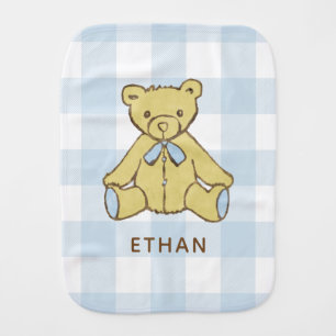 Baby Boy Bear Pastel Blue Buffalo Plaid with Name Baby Burp Cloth