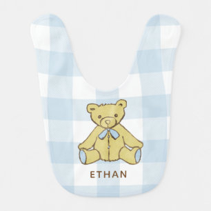 Baby Boy Bear Pastel Blue Buffalo Plaid with Name Bib