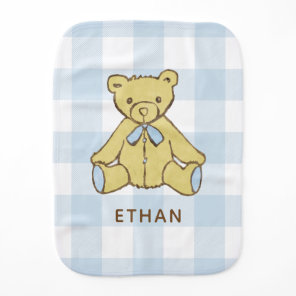 Baby Boy Bear Pastel Blue Buffalo Plaid with Name Burp Cloth