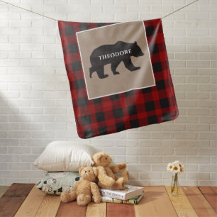 Baby Boy Bear Woodland Plaid Pattern Cute Name Blanket