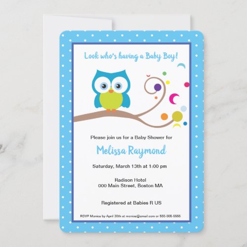 Baby Boy Big Eyed Smiling Owl Shower Invitation