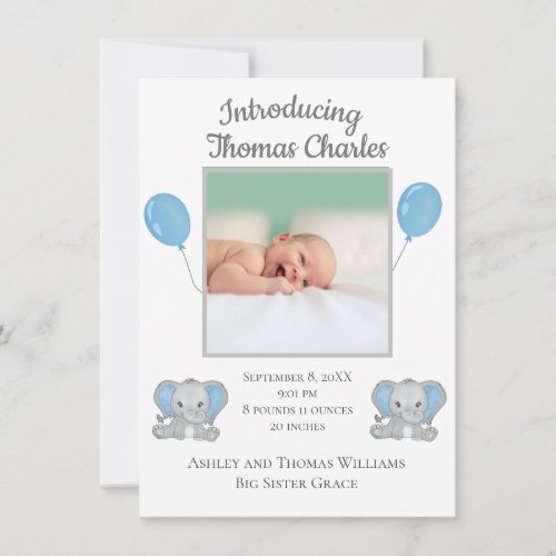 Baby Boy Birth Announcement Blue Elephants Balloon