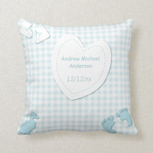 Baby Boy Birth Announcement Blue Plaid Throw Pillow