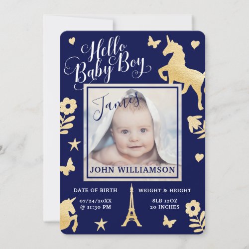 Baby Boy Birth Announcement  Magical Unicorn