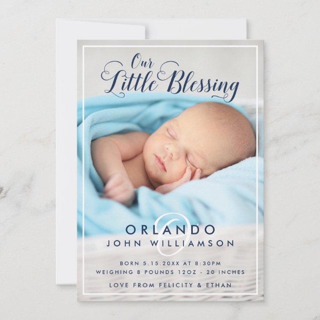 Baby Boy Birth Announcement | Modern Blue Stripes (Front)