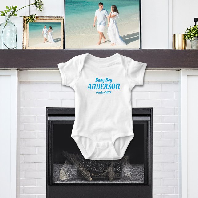 Baby Boy Birth Announcement - Name , Month, Year Baby Bodysuit (Baby Boy Birth Announcement White Bodysuit - Gift for Baby Shower)