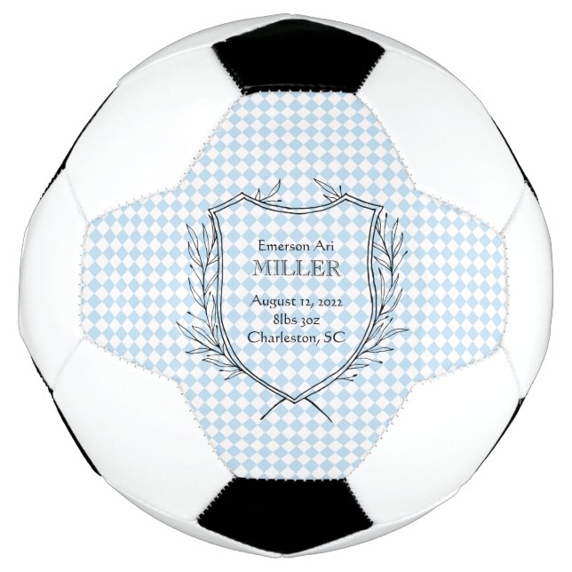 Baby Boy Birth Announcement Sports Blue Timeless Soccer Ball (Front)