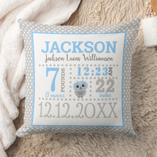 Baby Boy Birth Announcement Throw Pillow