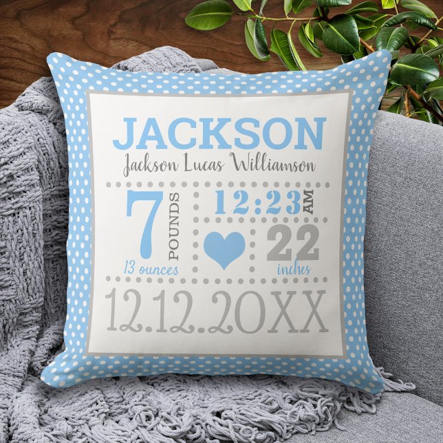 Baby Boy Birth Announcement Throw Pillow (Creator Uploaded)