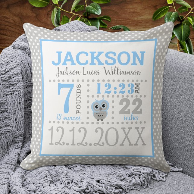 Baby Boy Birth Announcement Throw Pillow (Creator Uploaded)