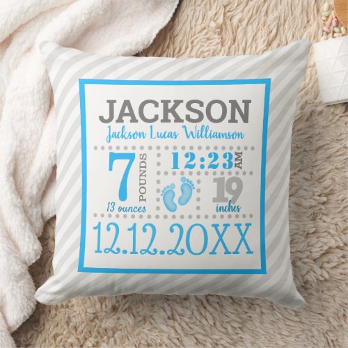 Baby Boy Birth Announcement Throw Pillow