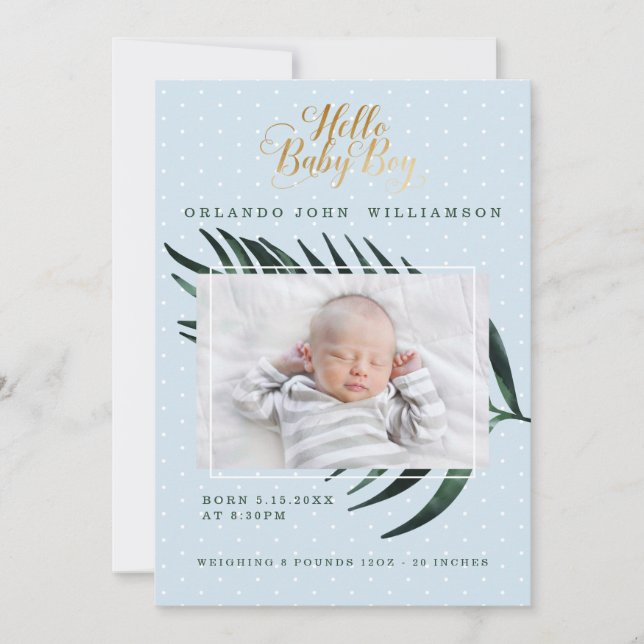 Baby Boy Birth Announcement - Tropical Palm Leaf (Front)