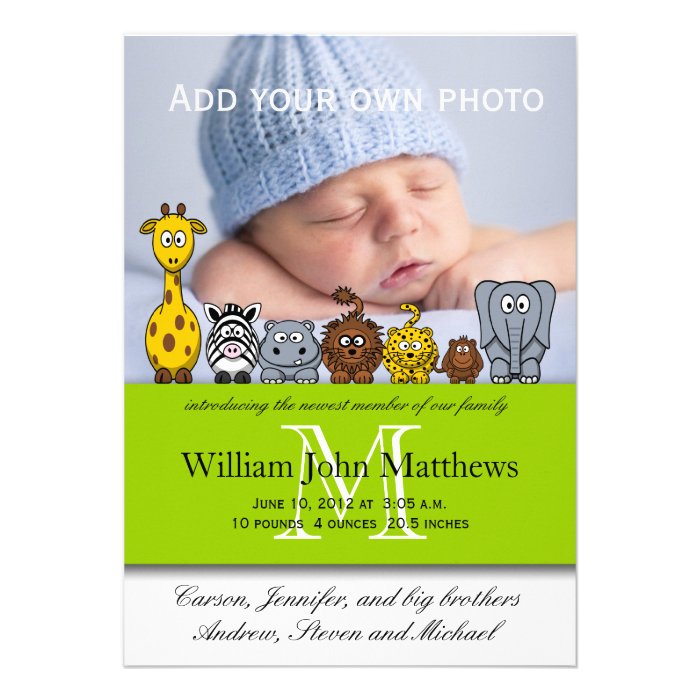 Baby Boy Birth Announcements Jungle Animals Green by monogramgallery