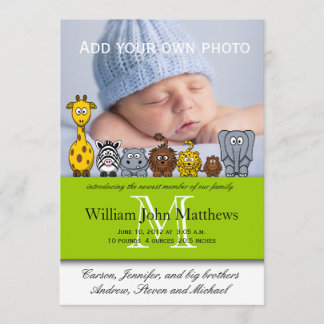 Baby Boy Birth Announcements Jungle Animals Green