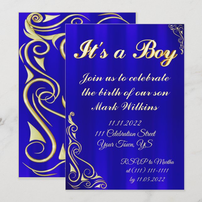Baby Boy Birth Celebration Gold and Blue Invitation (Front/Back)