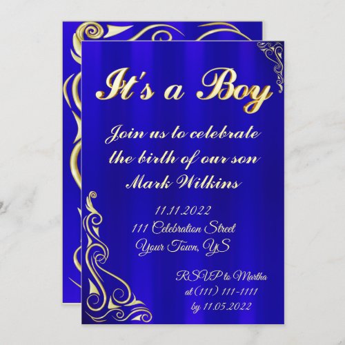 Baby Boy Birth Celebration Gold and Blue Invitation
