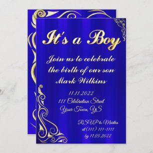 Baby Boy Birth Celebration Gold and Blue Invitation