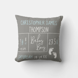 Baby Boy Birth Modern Blue Grey keepsake Throw Pillow