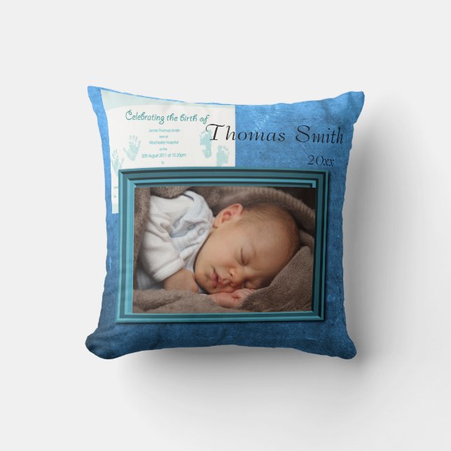 Baby Boy Birth Photo Keepsake Throw Pillow (Front)