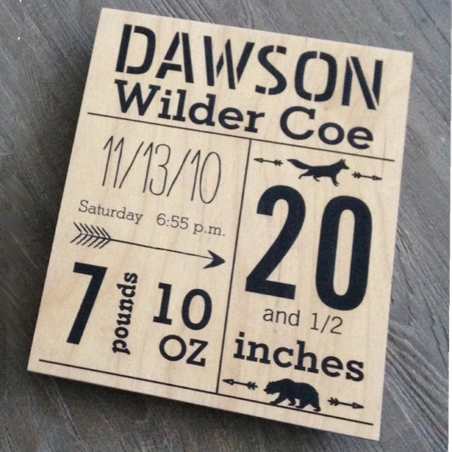 Baby Boy Birth Plaque Arrow Bear Fox Embellishment Wood Wall Art (Creator Uploaded)