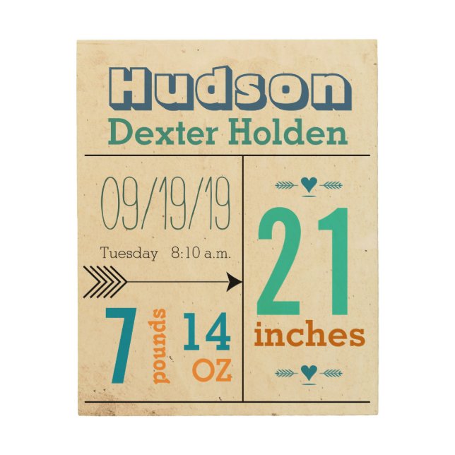 Baby Boy Birth Plaque Wood Wall Art (Front)