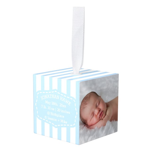 Baby Boy Birth Records Personalized Photo Cube Ornament (Front Angled)