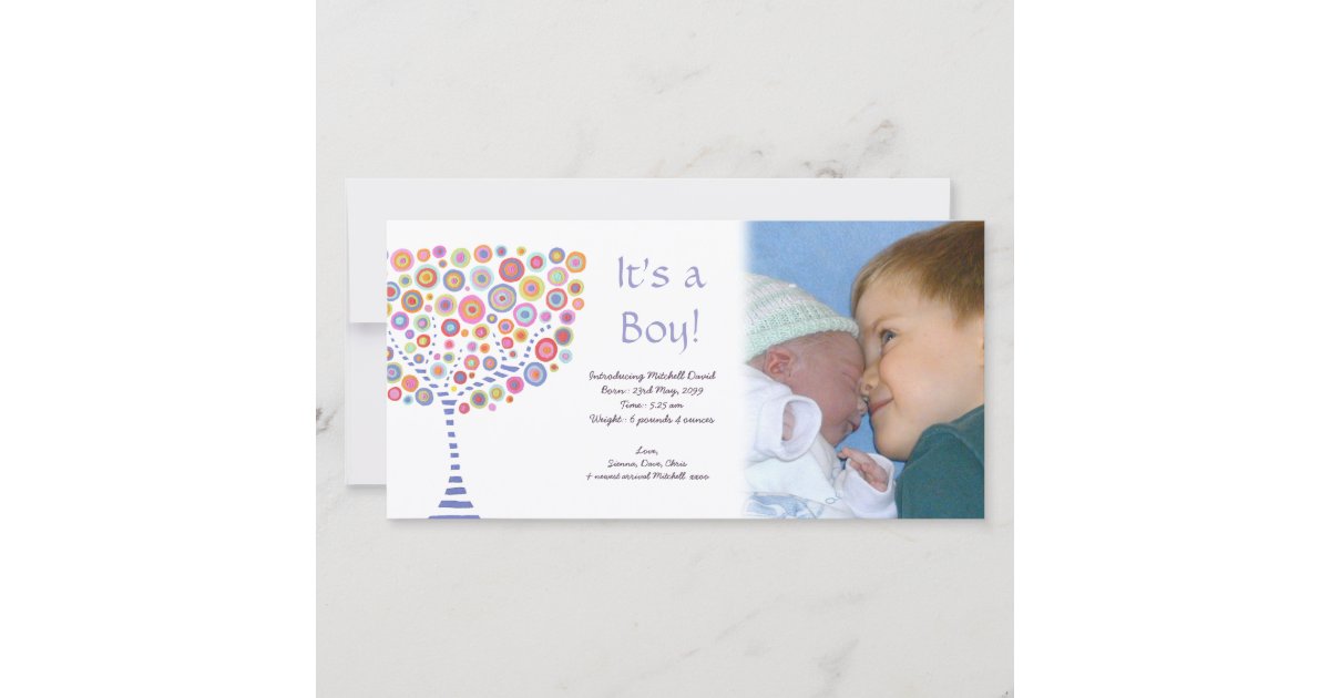 Baby Boy Birth Retro Tree Announcement Photocard | Zazzle