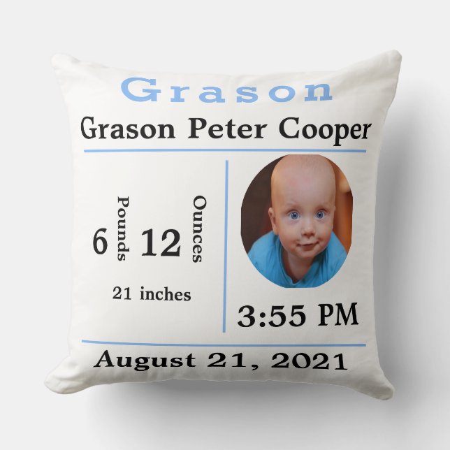 Baby Boy Birth Statistics Photo Template Chair Throw Pillow (Front)