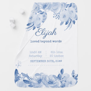 Baby Boy Birth Stats Blue and White Floral Baby Blanket
