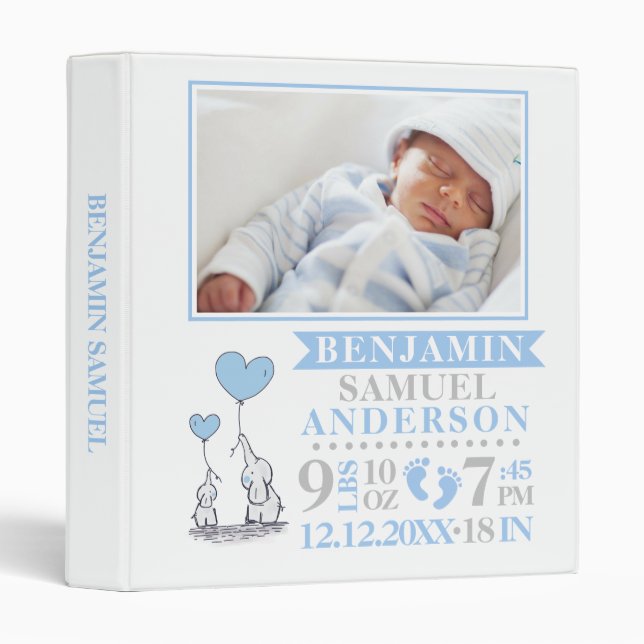 Baby Boy Birth Stats Blue Grey Keepsake PHOTO 3 Ring Binder (Front/Spine)