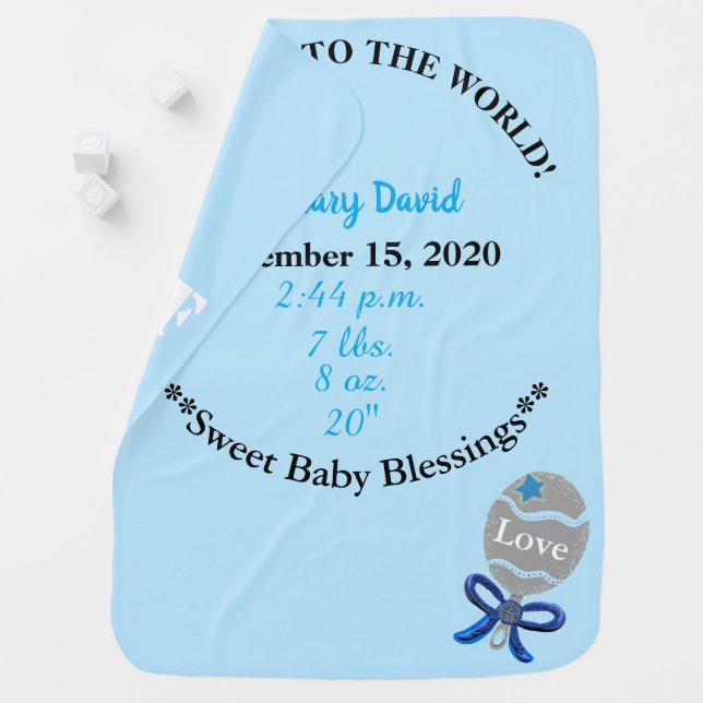 Baby Boy Birth Stats Blue Rattle Blanket (In Situ)