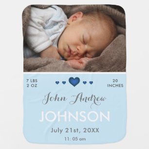 Baby Boy Birth Stats Information Photo Blue Heart  Blanket