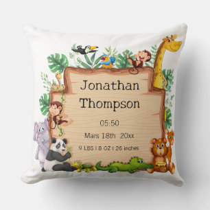 Baby boy birth stats Safari and jungle Animals Throw Pillow