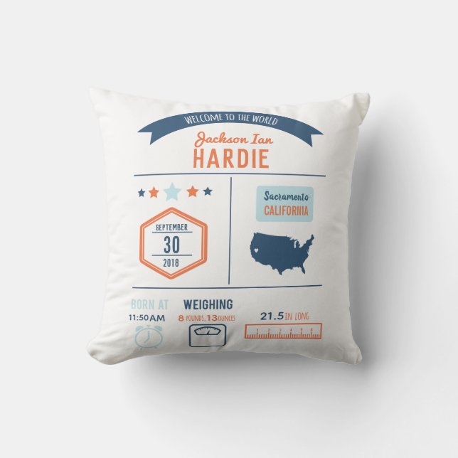 Baby Boy Birth Stats Throw Pillow (Front)