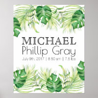 Baby Boy Birth Stats Tropical Green Palms Poster