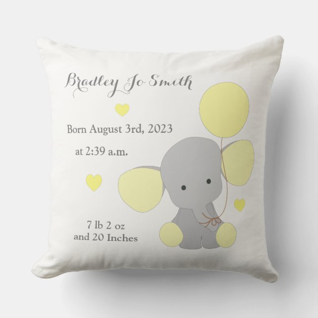 Baby Boy Birth Stats Yellow Gray Elephant Chevron Throw Pillow (Front)