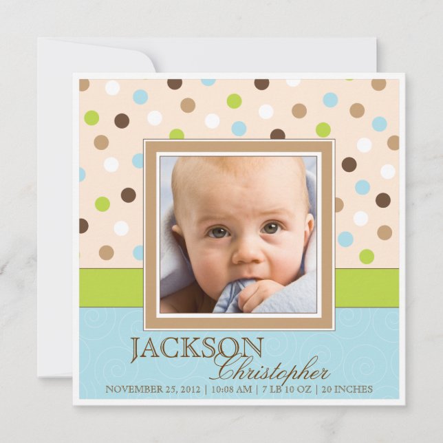 Baby Boy Birth Two Photos in Blue + Green Dots Announcement (Front)
