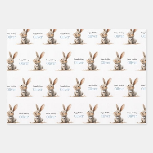 Baby Boy Birthday Cute Rabbit Wrapping Paper Sheets (Front 3)