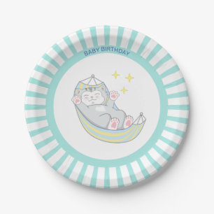Baby Boy Birthday Kitty Cat on Light Blue & White Paper Plates