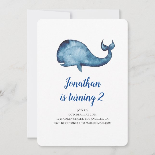 Baby boy birthday party invitation. Blue whale Invitation (Front)
