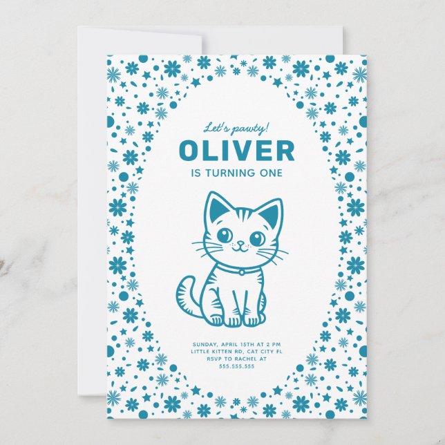 Baby boy birthday party with super cute kitten invitation (Front)