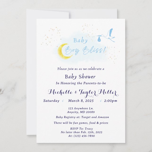 Baby Boy Bliss Stork Special Delivery Invitation (Front)