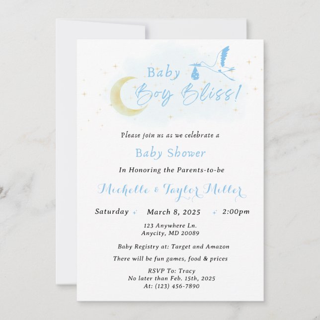 Baby Boy Bliss Stork Special Delivery Invitation (Front)