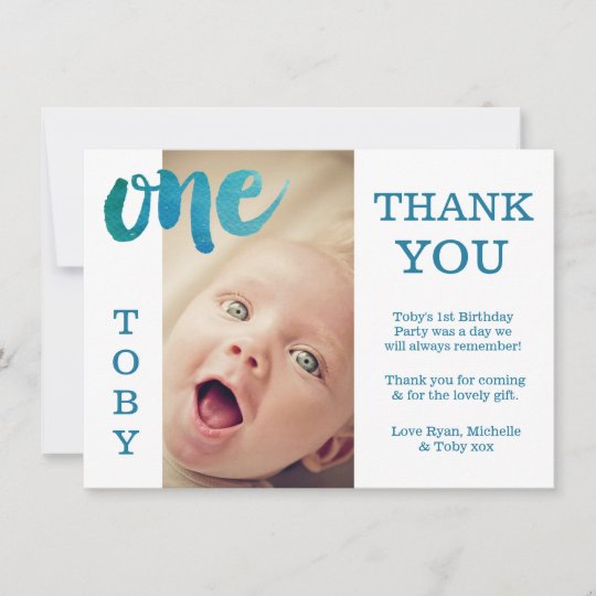 Baby Boy Blue 1st Birthday Thank You Photo Card
