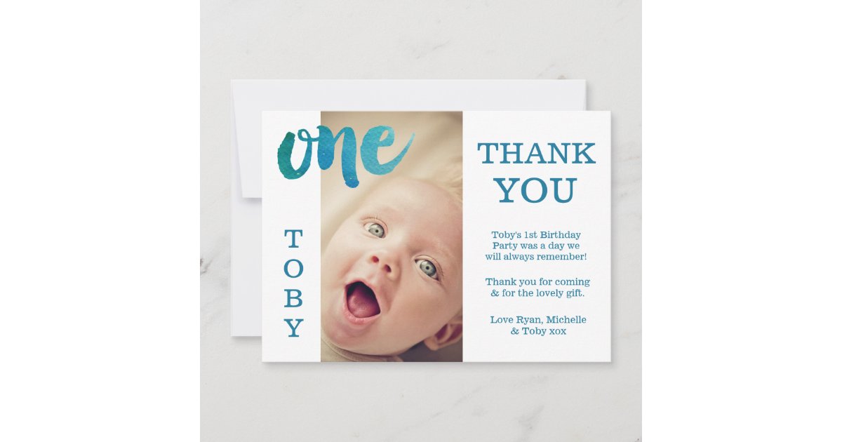 Baby Boy Blue 1st Birthday Thank You Photo Card | Zazzle