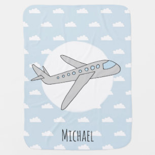 Baby Boy Blue Airplane Transport Design and Name Baby Blanket