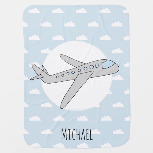 Baby Boy Blue Airplane Transport Design and Name Baby Blanket