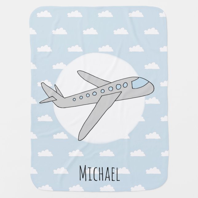 Baby Boy Blue Airplane Transport Design and Name Blanket (Front)