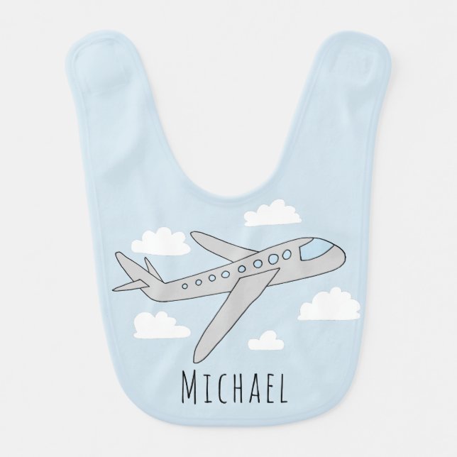 Baby Boy Blue Airplane Travel Design with Name Baby Bib (Front)